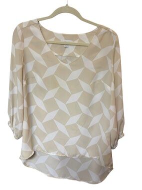 New York & Company Beige and White Geometric V-Neck Blouse